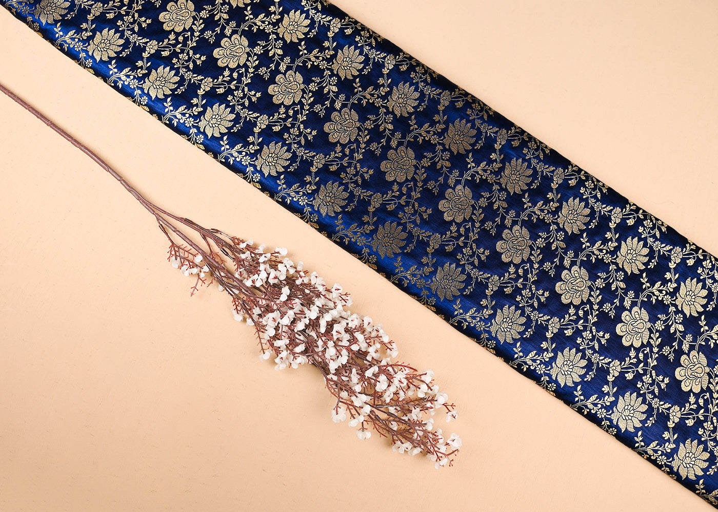 Navy Blue Banarasi Brocade Fabric With All Over Golden Zari Handloom 23340