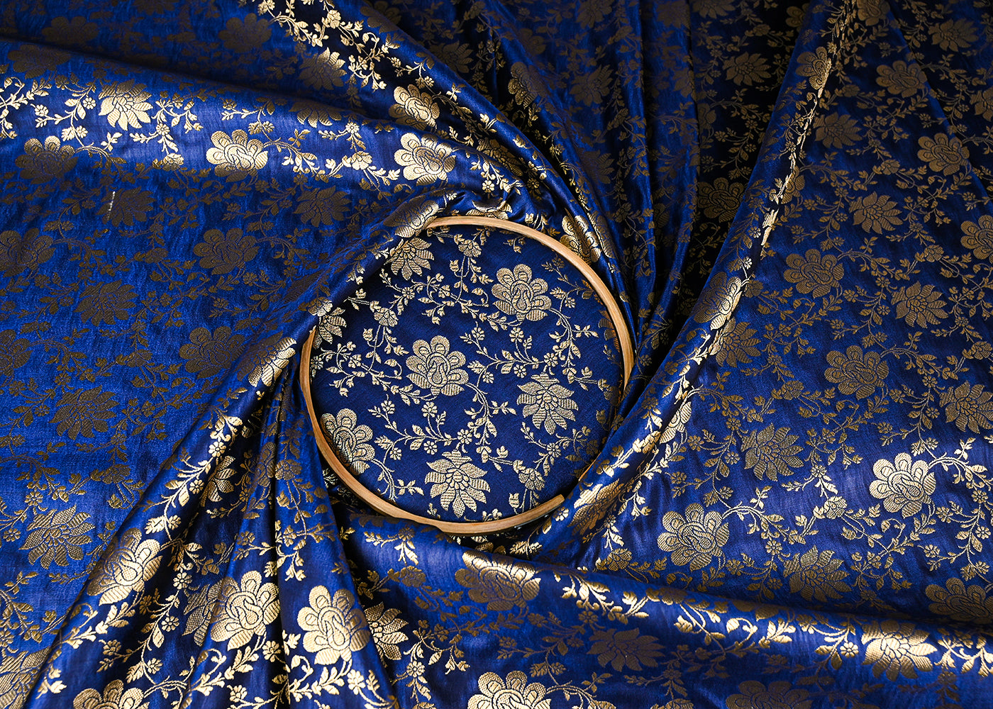Navy Blue Banarasi Brocade Fabric With All Over Golden Zari Handloom 23340
