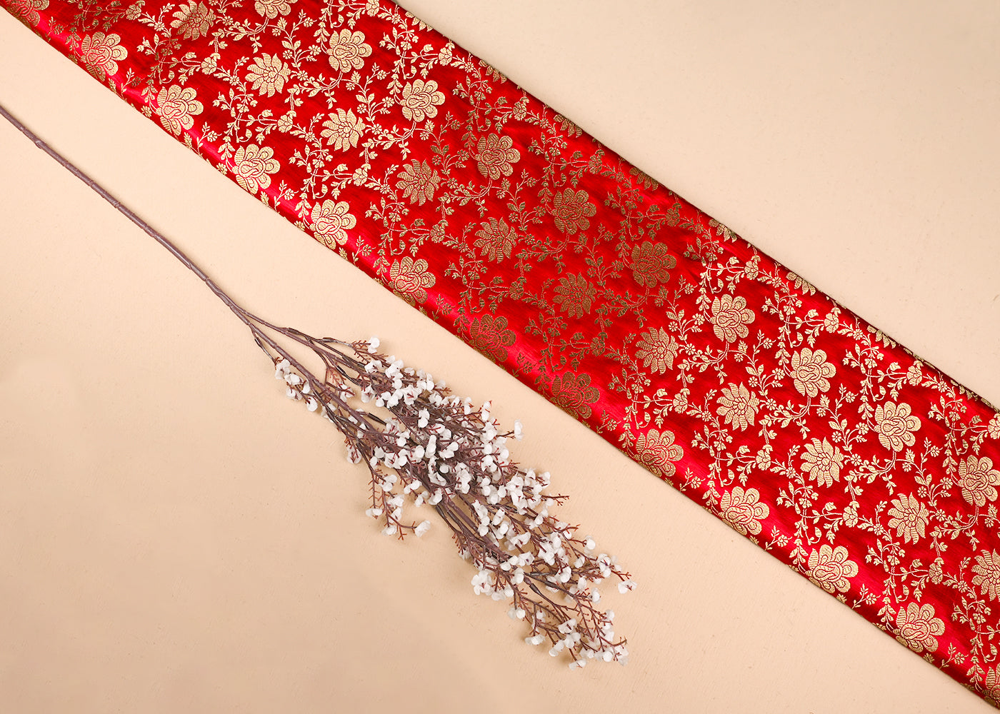 Deep Red Jacquard Fabric With All Over Zari Handloom 23342