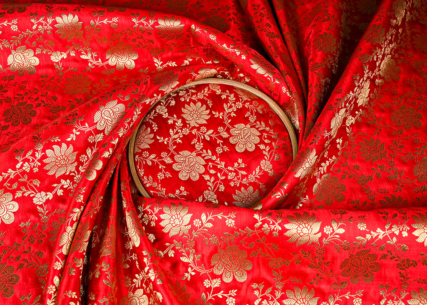 Deep Red Jacquard Fabric With All Over Zari Handloom 23342