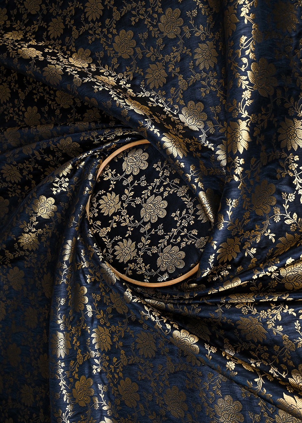 Black Banarasi Brocade Fabric With All Over Golden Zari Handloom 23343