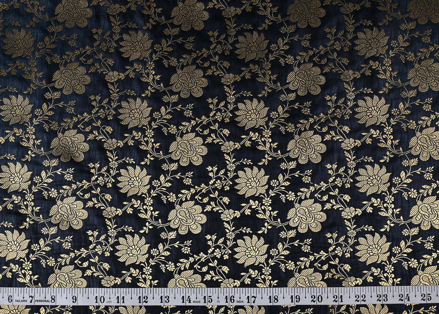 Black Banarasi Brocade Fabric With All Over Golden Zari Handloom 23343
