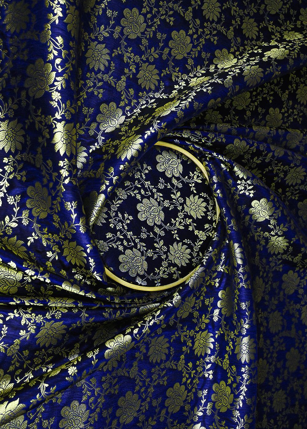 Navy Blue Banarasi Brocade Fabric With All Over Golden Zari Handloom 23343