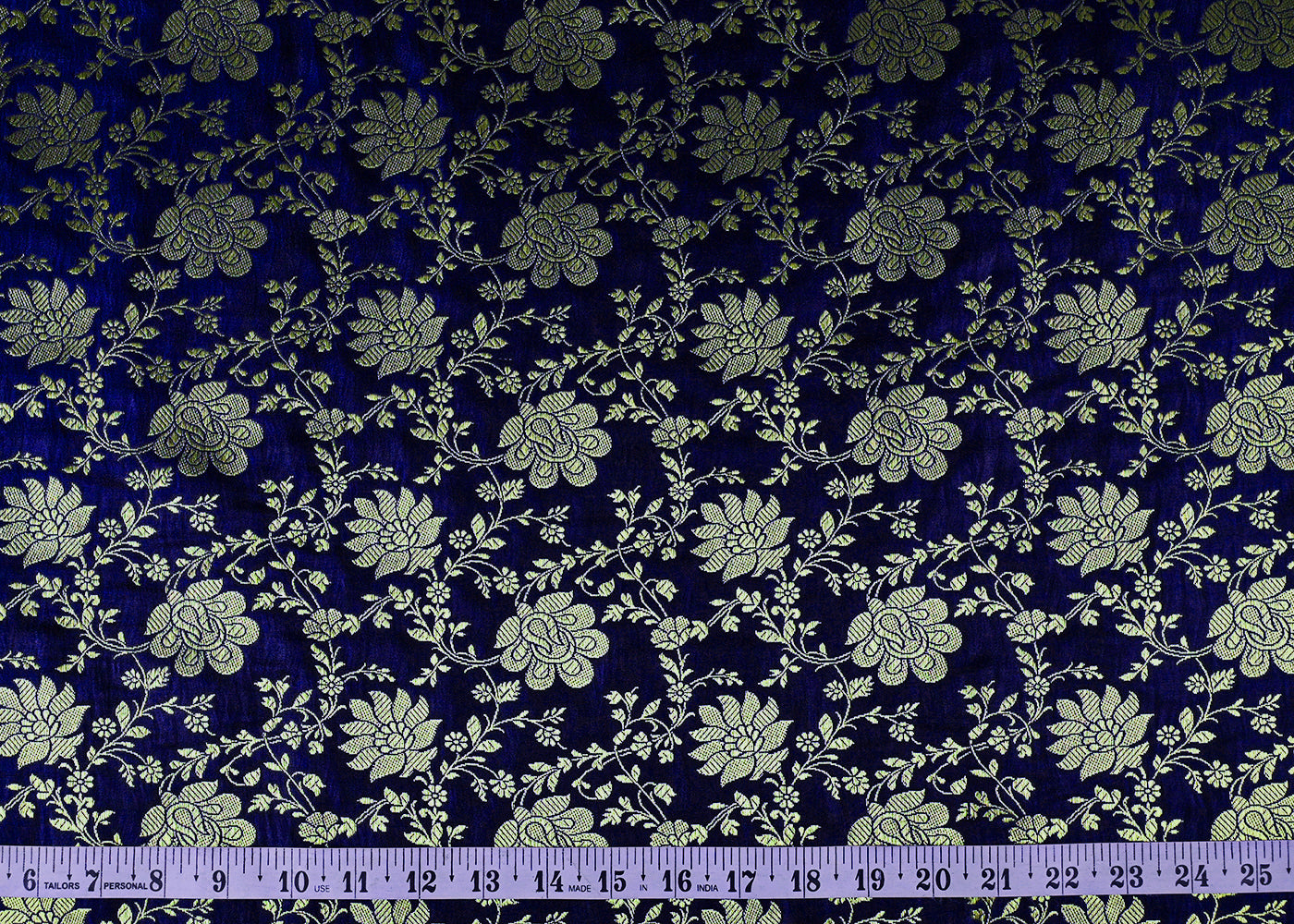 Navy Blue Banarasi Brocade Fabric With All Over Golden Zari Handloom 23343