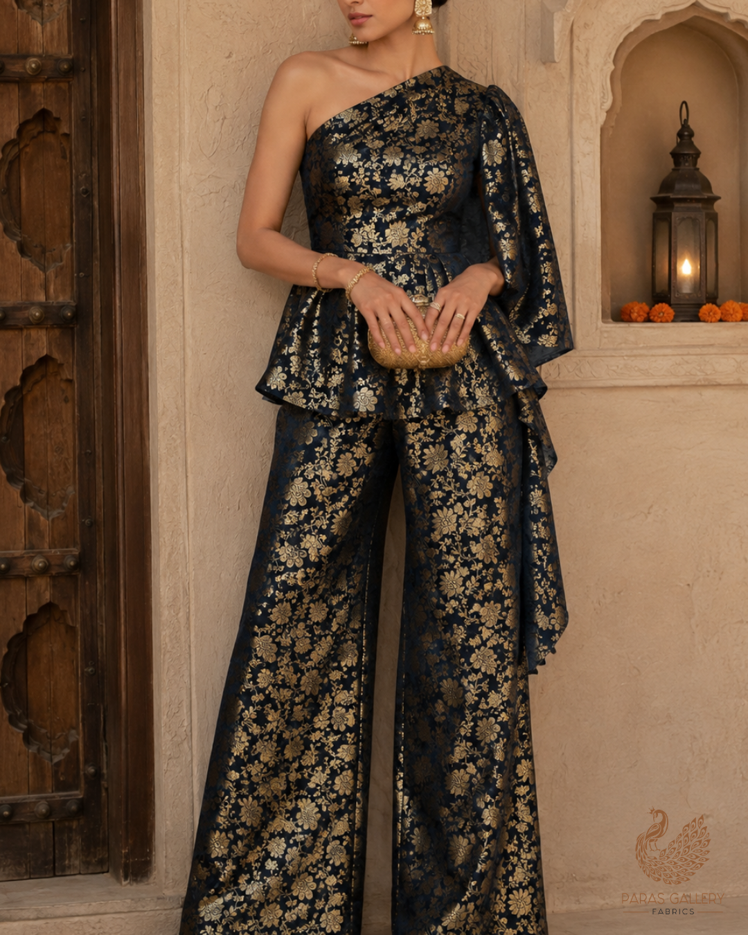 Black Banarasi Brocade Fabric With All Over Golden Zari Handloom 23343