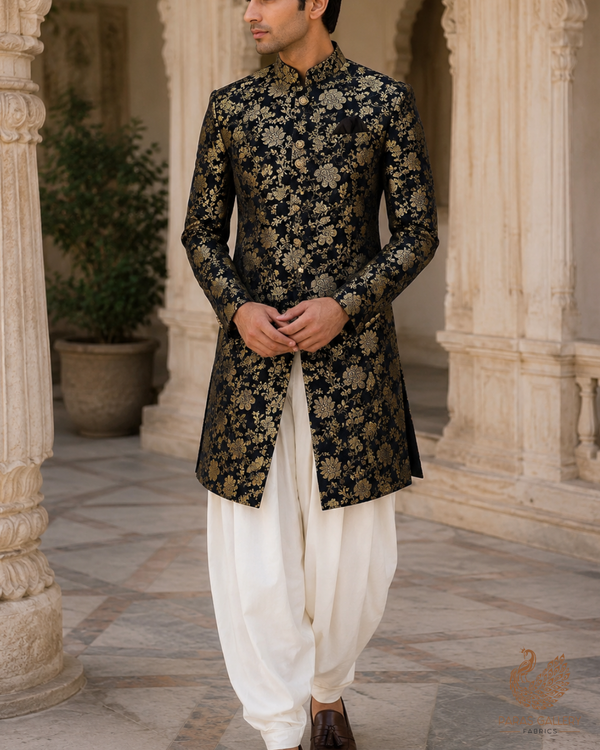 Black Banarasi Brocade Fabric With All Over Golden Zari Handloom 23343