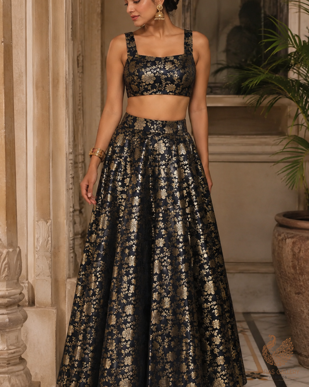 Black Banarasi Brocade Fabric With All Over Golden Zari Handloom 23343