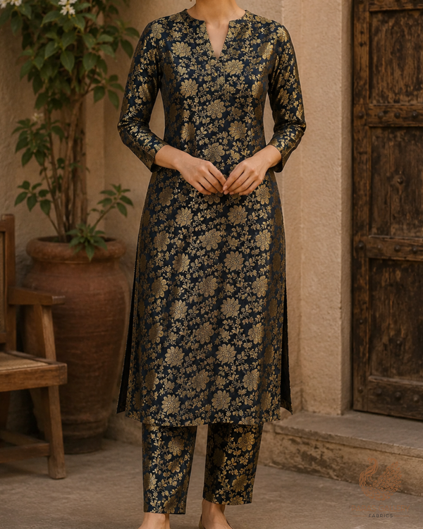 Black Banarasi Brocade Fabric With All Over Golden Zari Handloom 23343