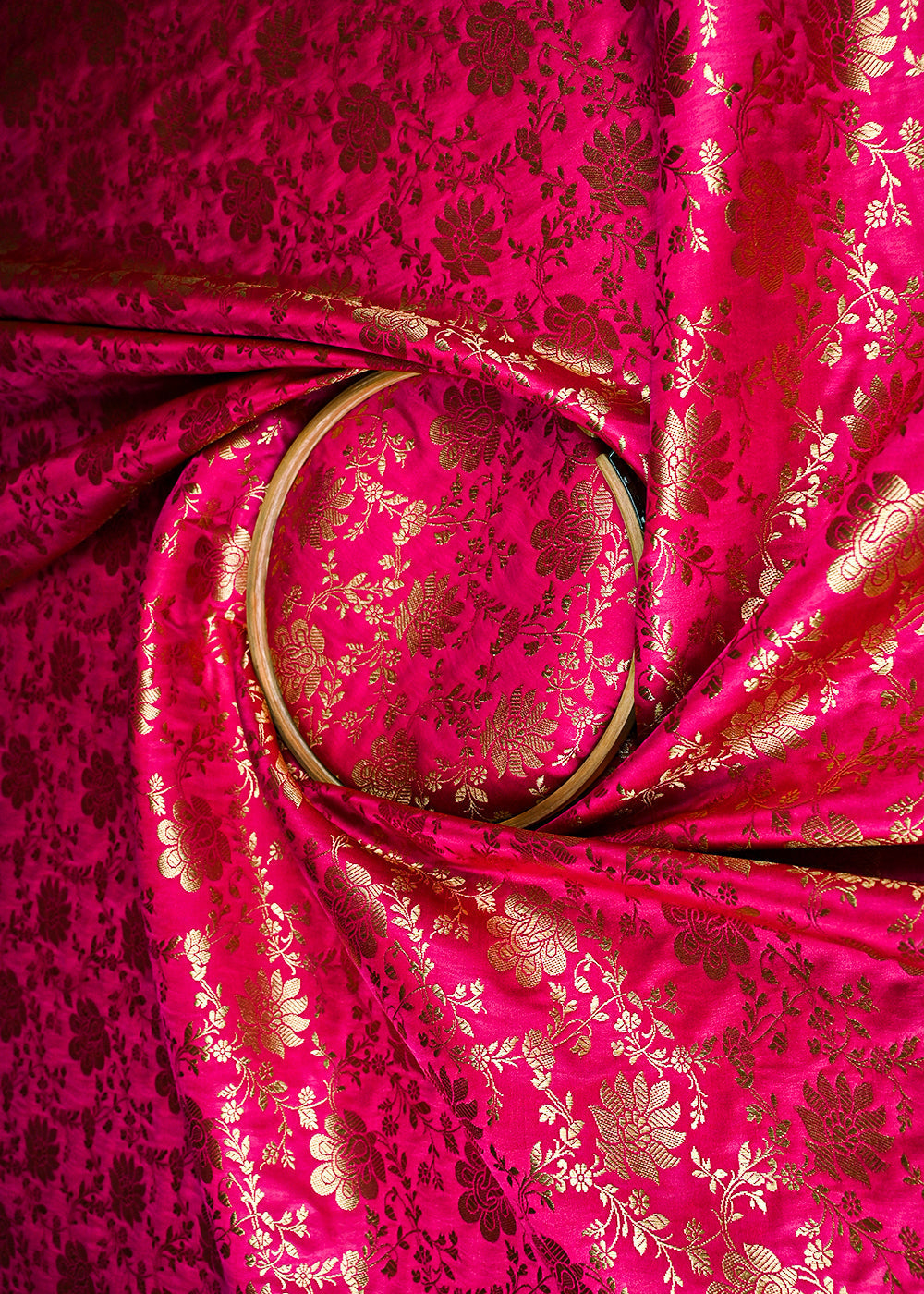 Rani Pink Banarasi Brocade Fabric With All Over Golden Zari Handloom 23344