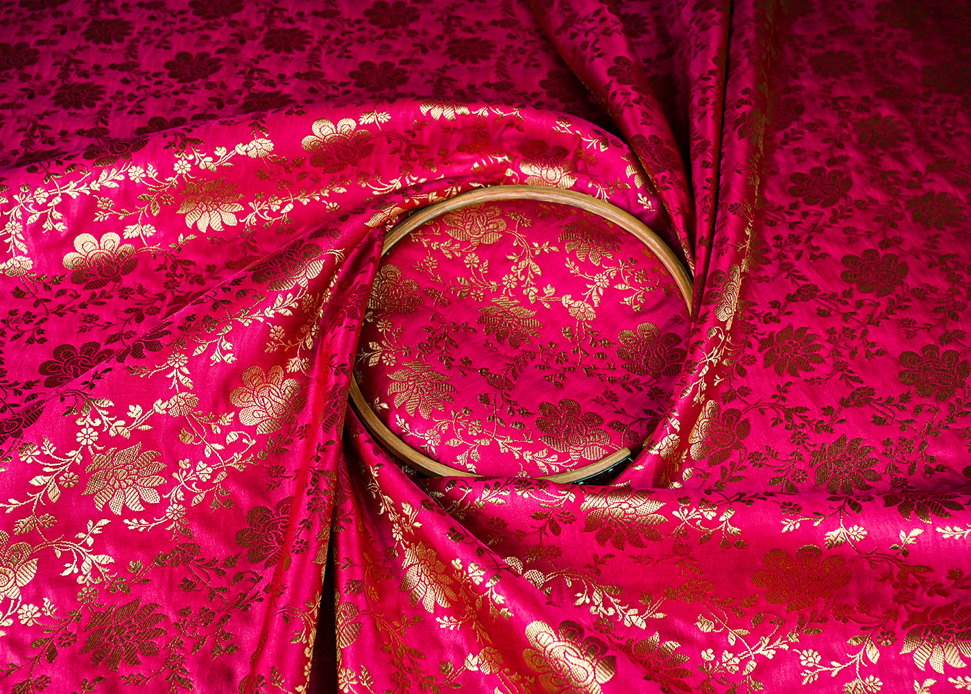 Rani Pink Banarasi Brocade Fabric With All Over Golden Zari Handloom 23344