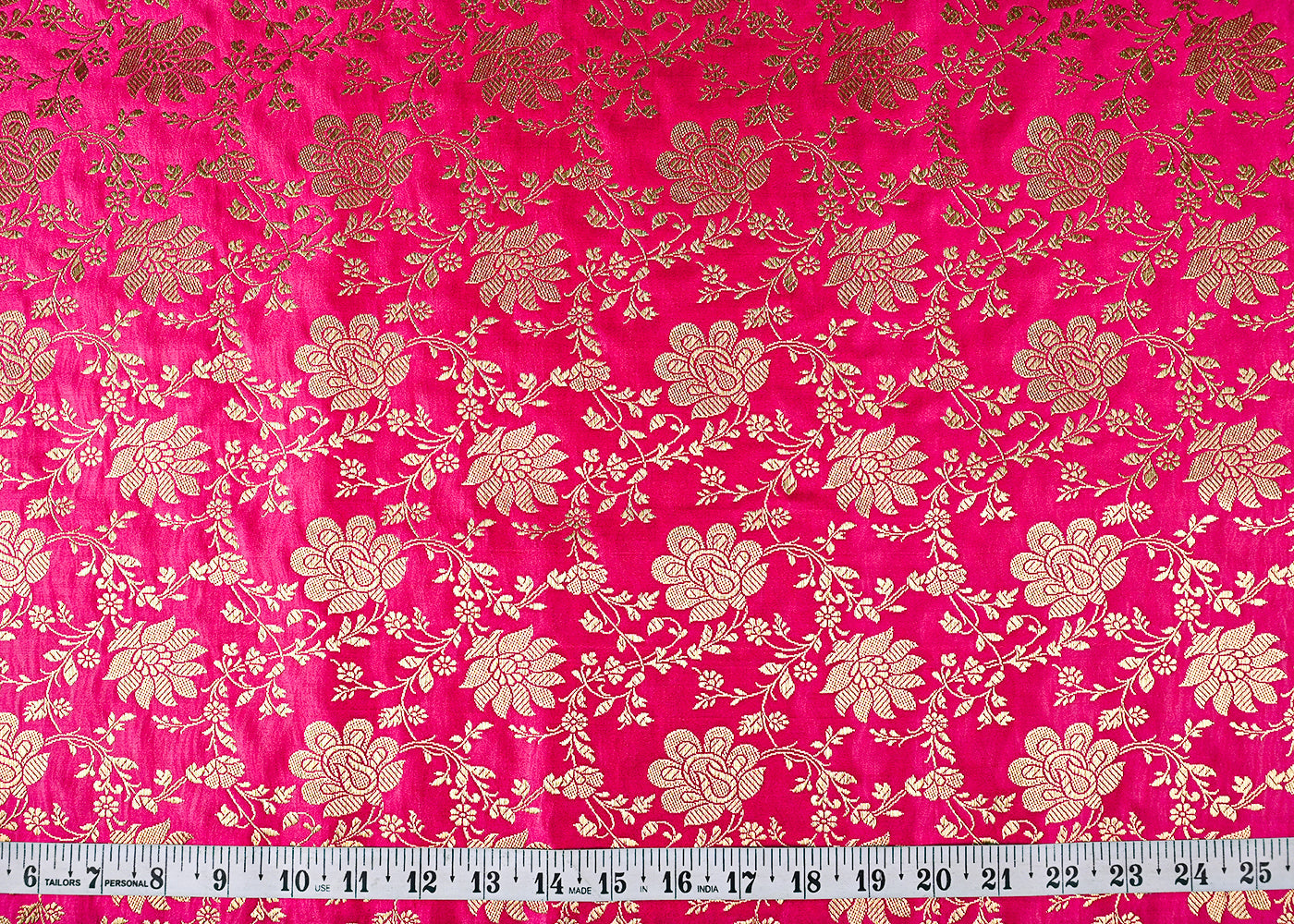 Rani Pink Banarasi Brocade Fabric With All Over Golden Zari Handloom 23344