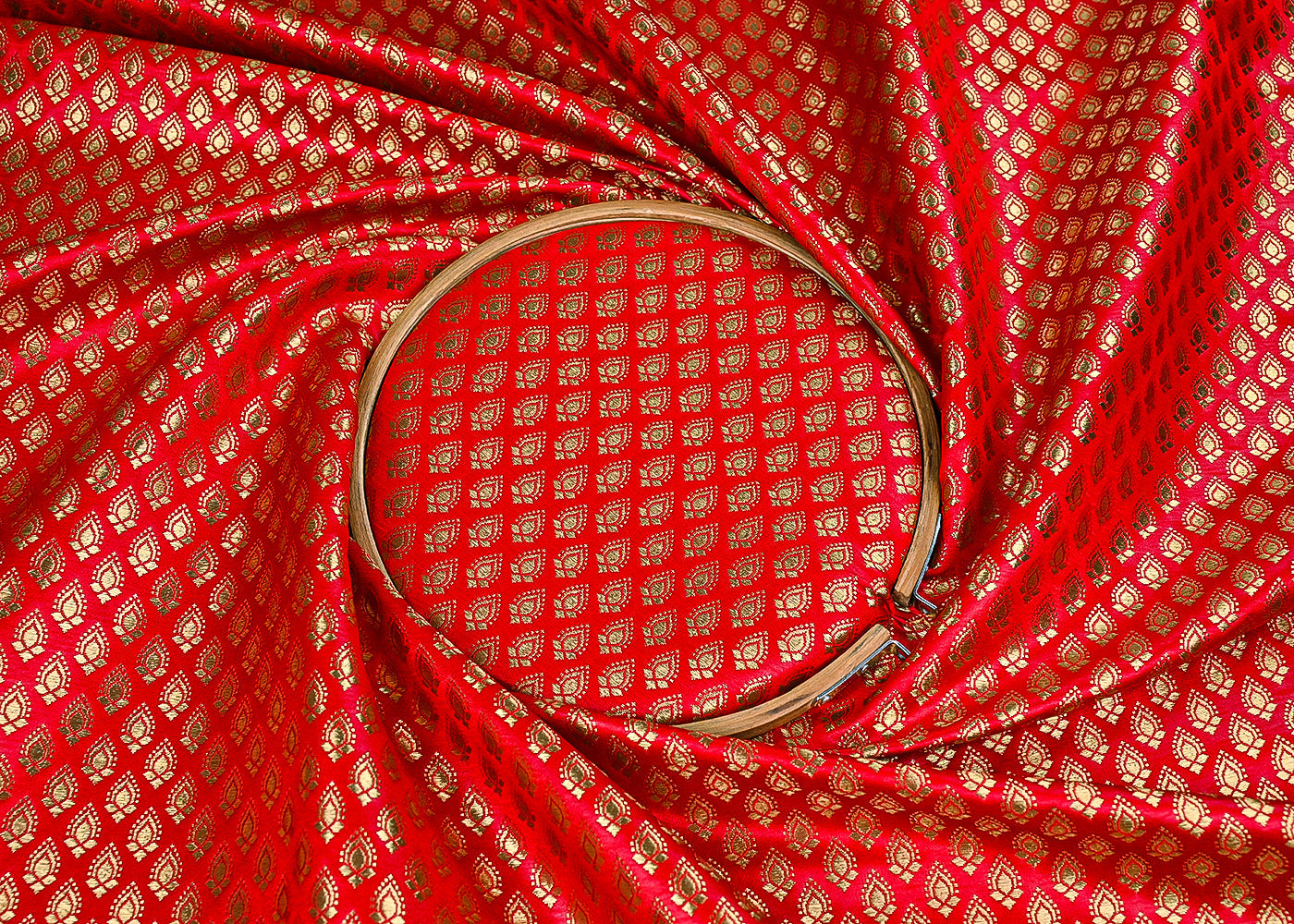 Red Banarasi Brocade Fabric With All Over Golden Zari Handloom 23347