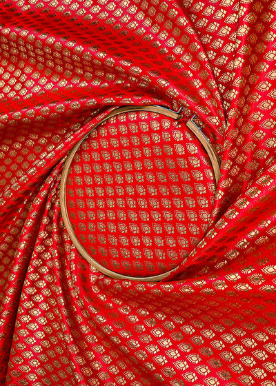 Red Banarasi Brocade Fabric With All Over Golden Zari Handloom 23347