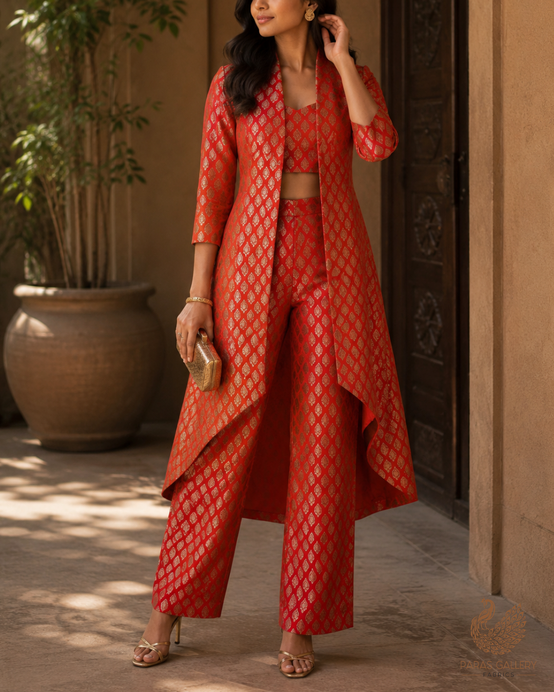 Red Banarasi Brocade Fabric With All Over Golden Zari Handloom 23347