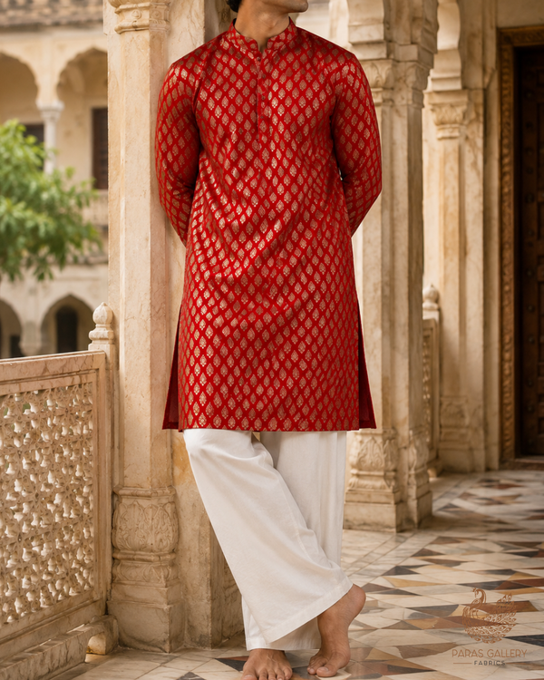 Red Banarasi Brocade Fabric With All Over Golden Zari Handloom 23347