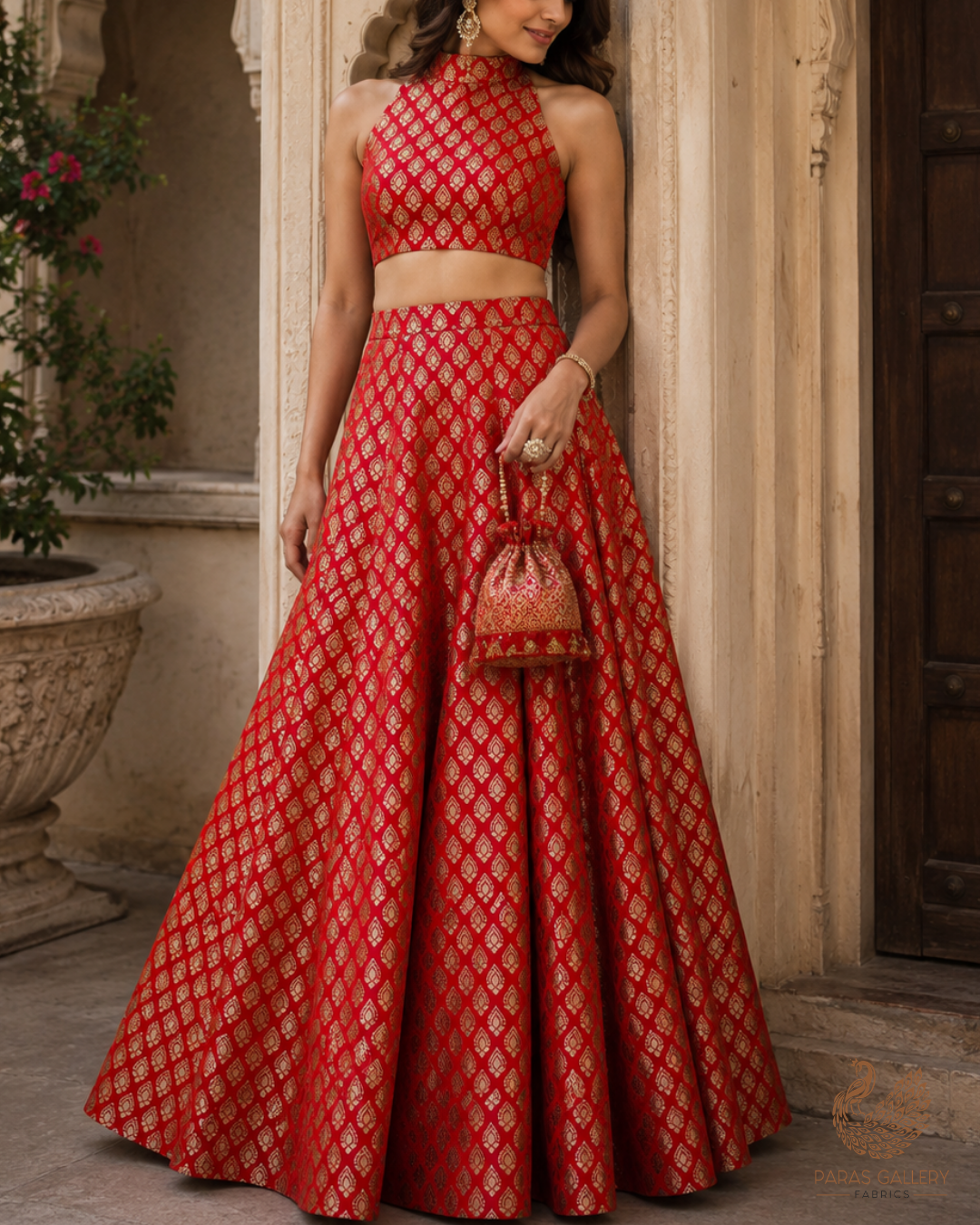 Red Banarasi Brocade Fabric With All Over Golden Zari Handloom 23347