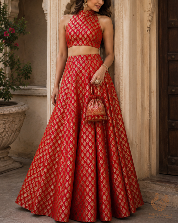 Red Banarasi Brocade Fabric With All Over Golden Zari Handloom 23347