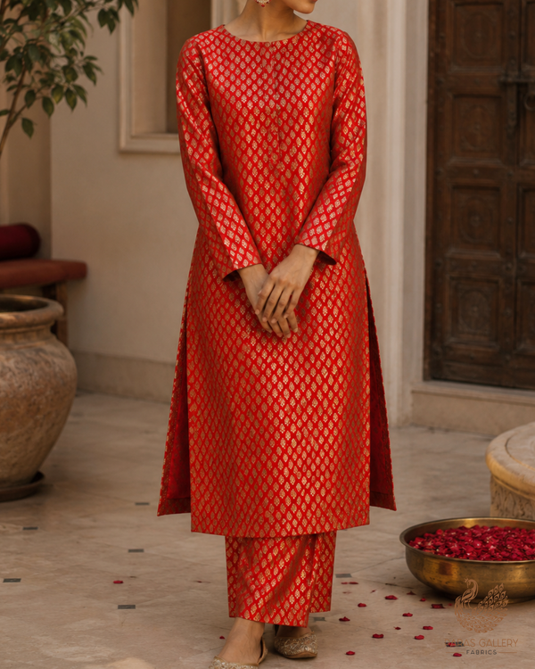 Red Banarasi Brocade Fabric With All Over Golden Zari Handloom 23347