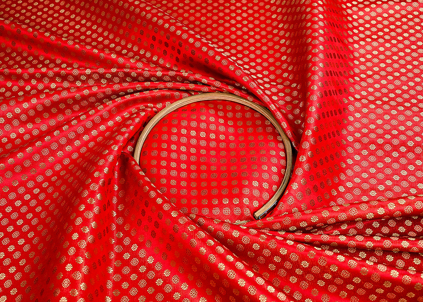 Red Banarasi Brocade Fabric With All Over Golden Zari Handloom 23348
