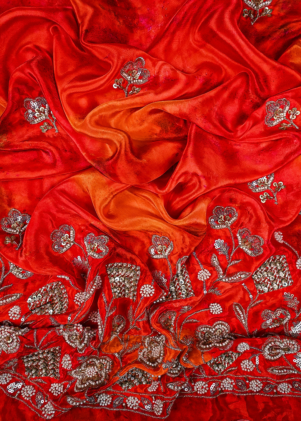 Red Crepe Fabric With All Over Zari, Sequins, Katdana And Heavy Border 23351