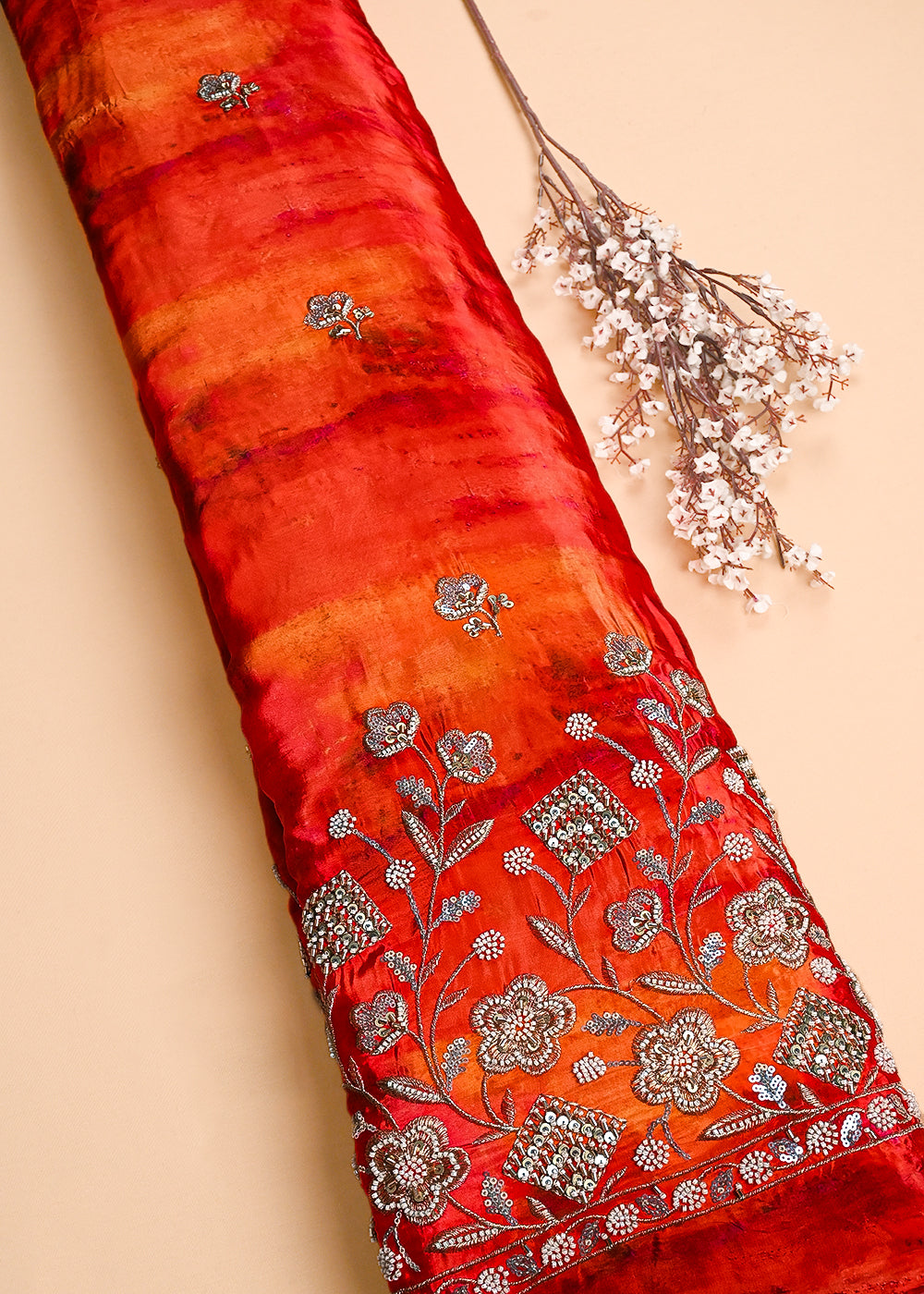 Red Crepe Fabric With All Over Zari, Sequins, Katdana And Heavy Border 23351