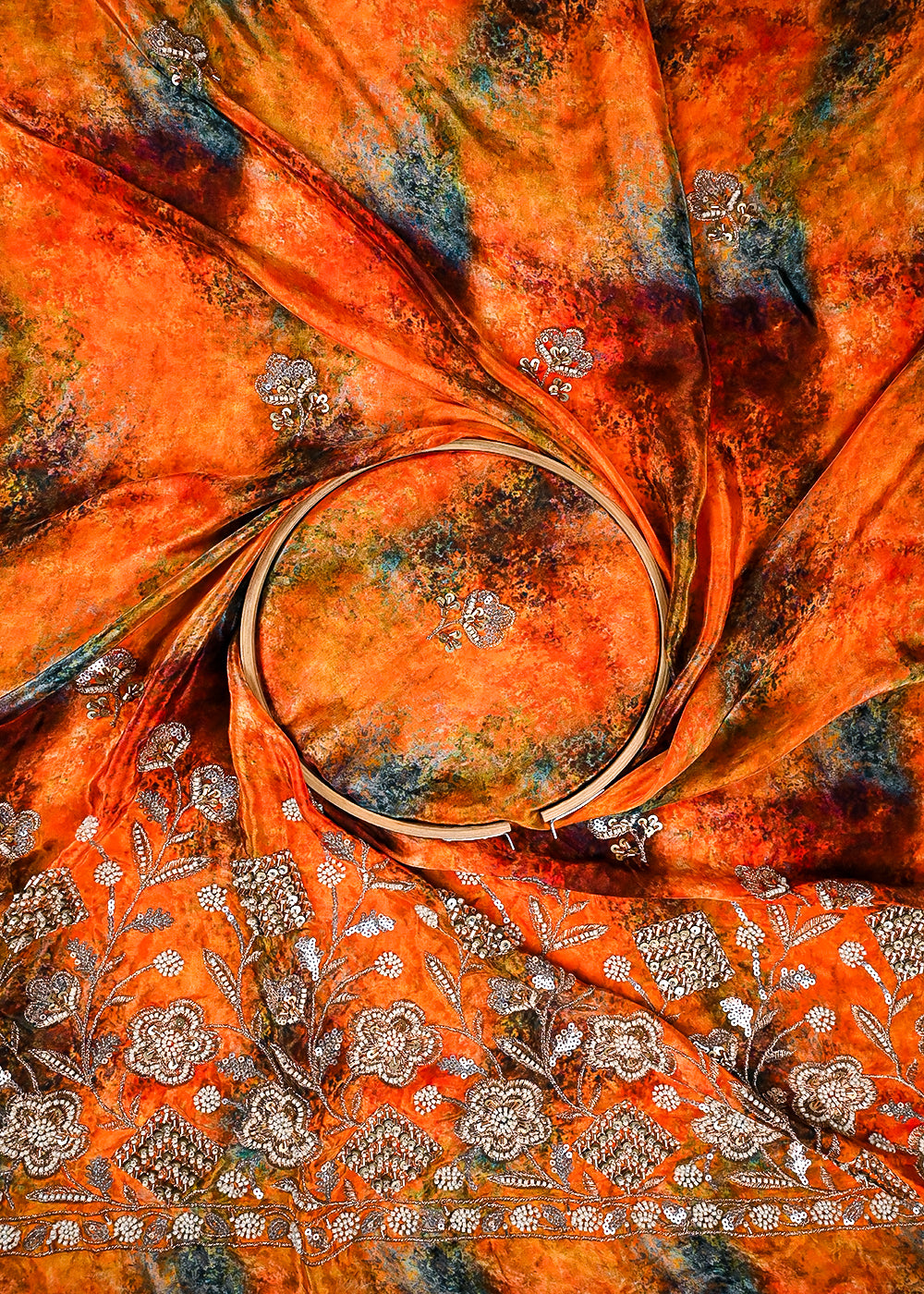 Orange Crepe Fabric With All Over Zari, Sequins, Katdana And Heavy Border 23352