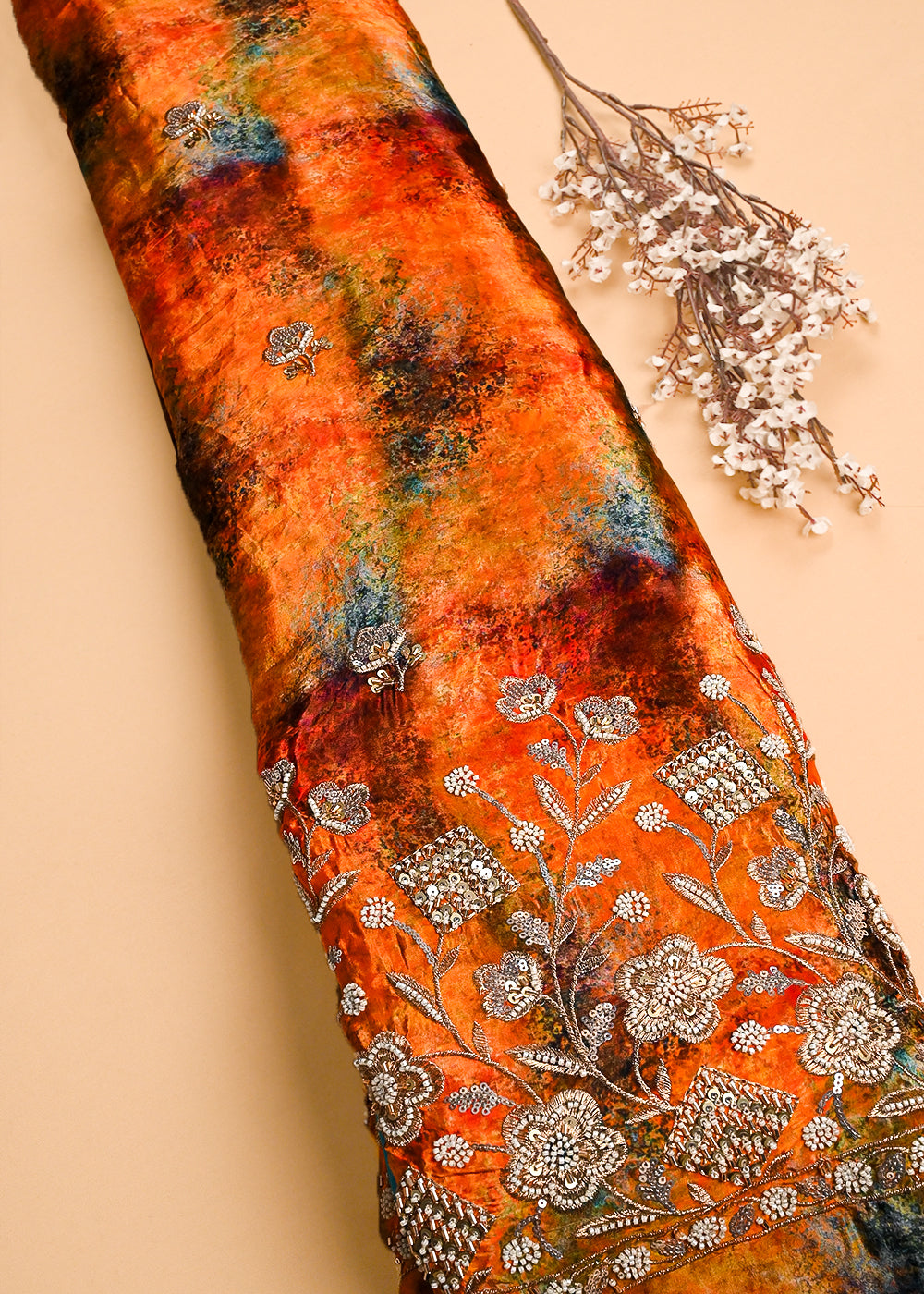 Orange Crepe Fabric With All Over Zari, Sequins, Katdana And Heavy Border 23352