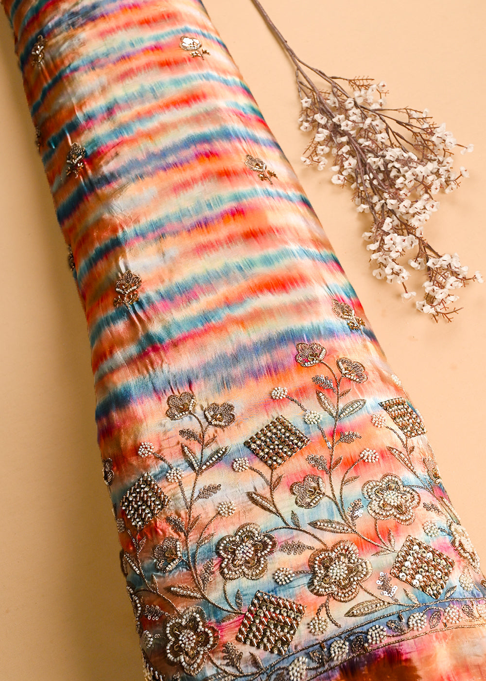 Multi Color Crepe Fabric With All Over Zari, Sequins, Katdana And Heavy Border 23353