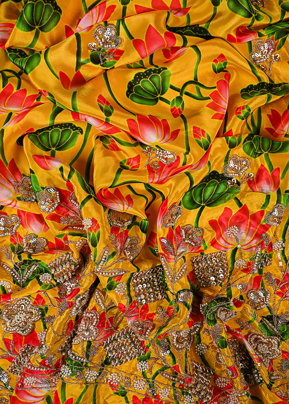 Yellow Crepe Fabric With All Over Zari, Sequins, Katdana And Heavy Border 23354