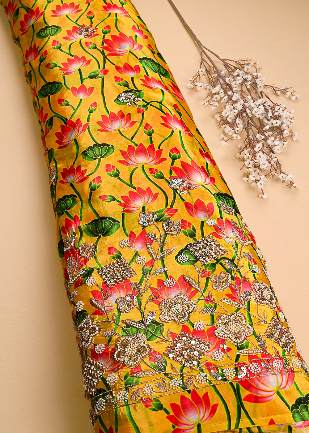 Yellow Crepe Fabric With All Over Zari, Sequins, Katdana And Heavy Border 23354