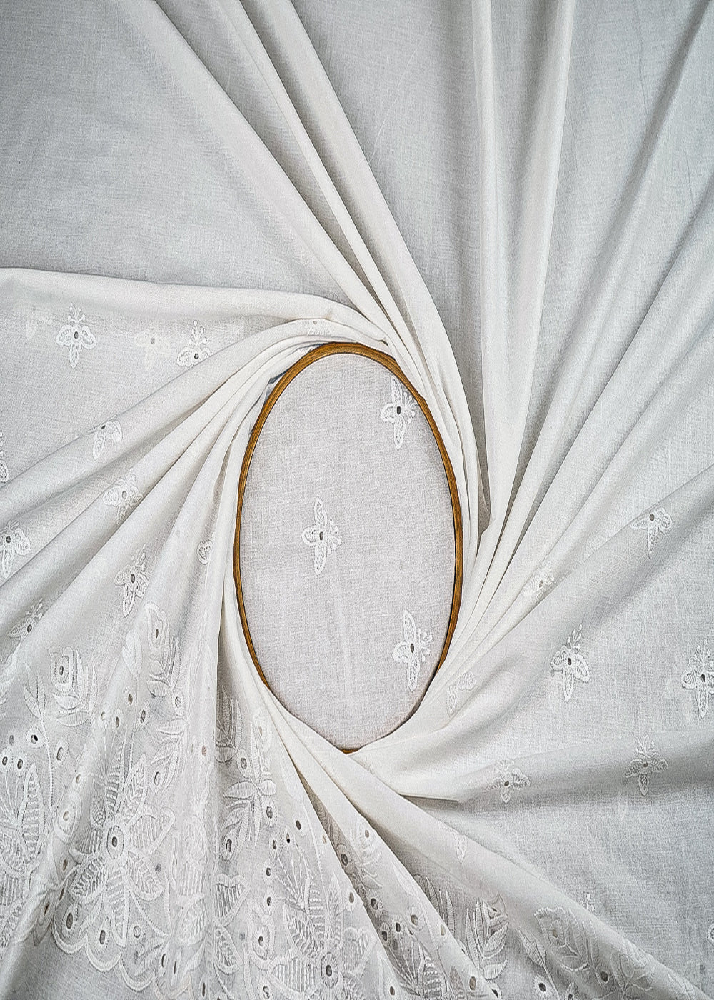 White Mul Cotton Fabric With All Over Thread And Cutwork With Border 23355