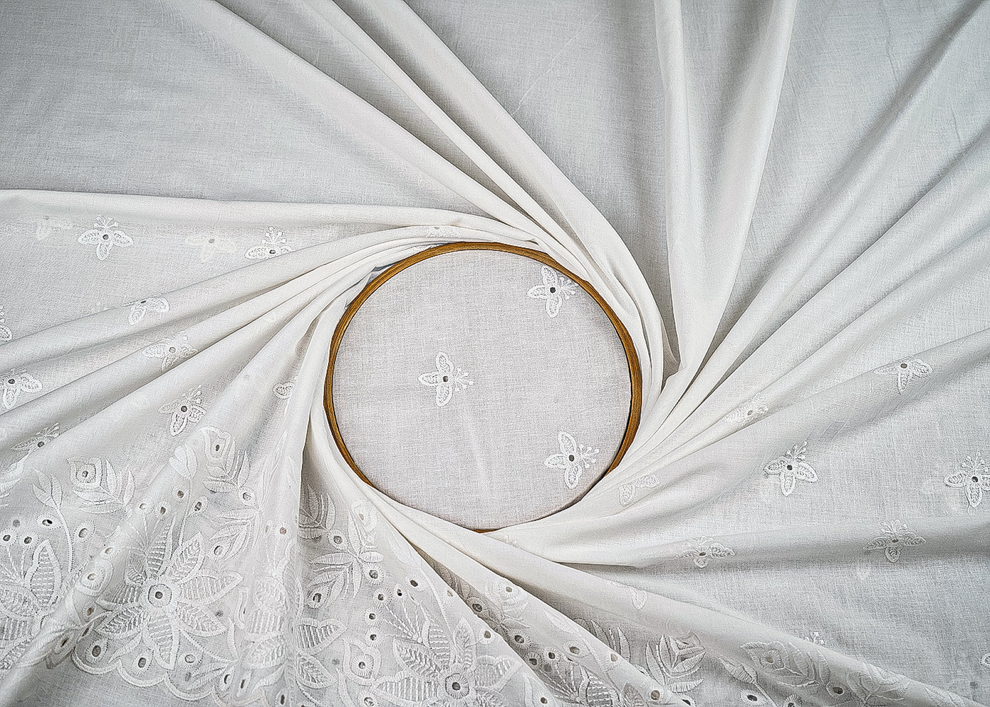 White Mul Cotton Fabric With All Over Thread And Cutwork With Border 23355
