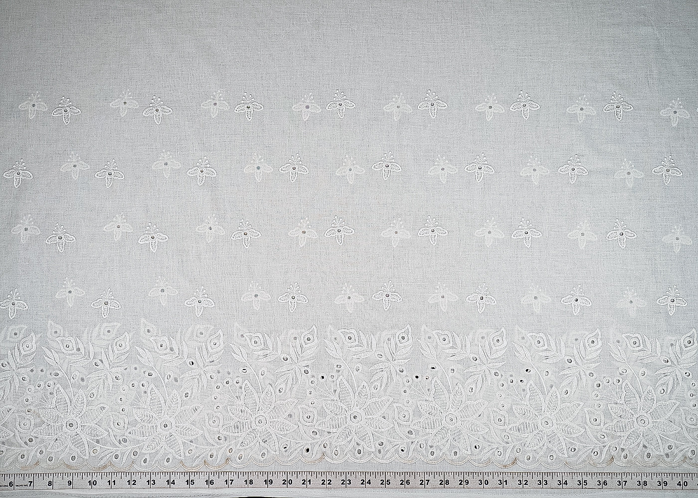 White Mul Cotton Fabric With All Over Thread And Cutwork With Border 23355