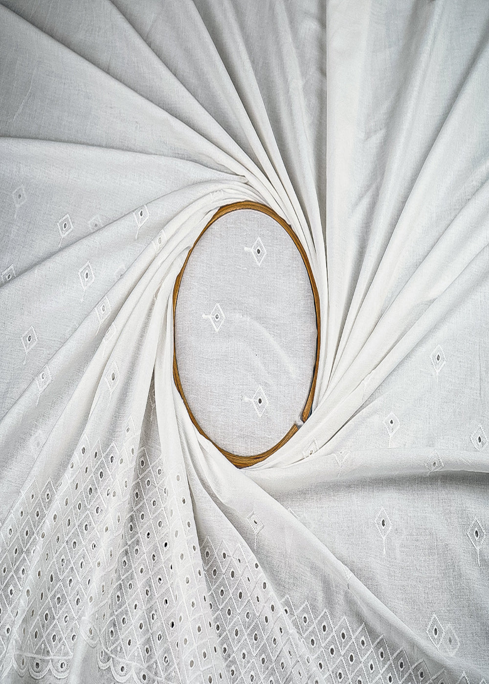 White Mul Cotton Fabric With All Over Thread And Cutwork With Border 23356