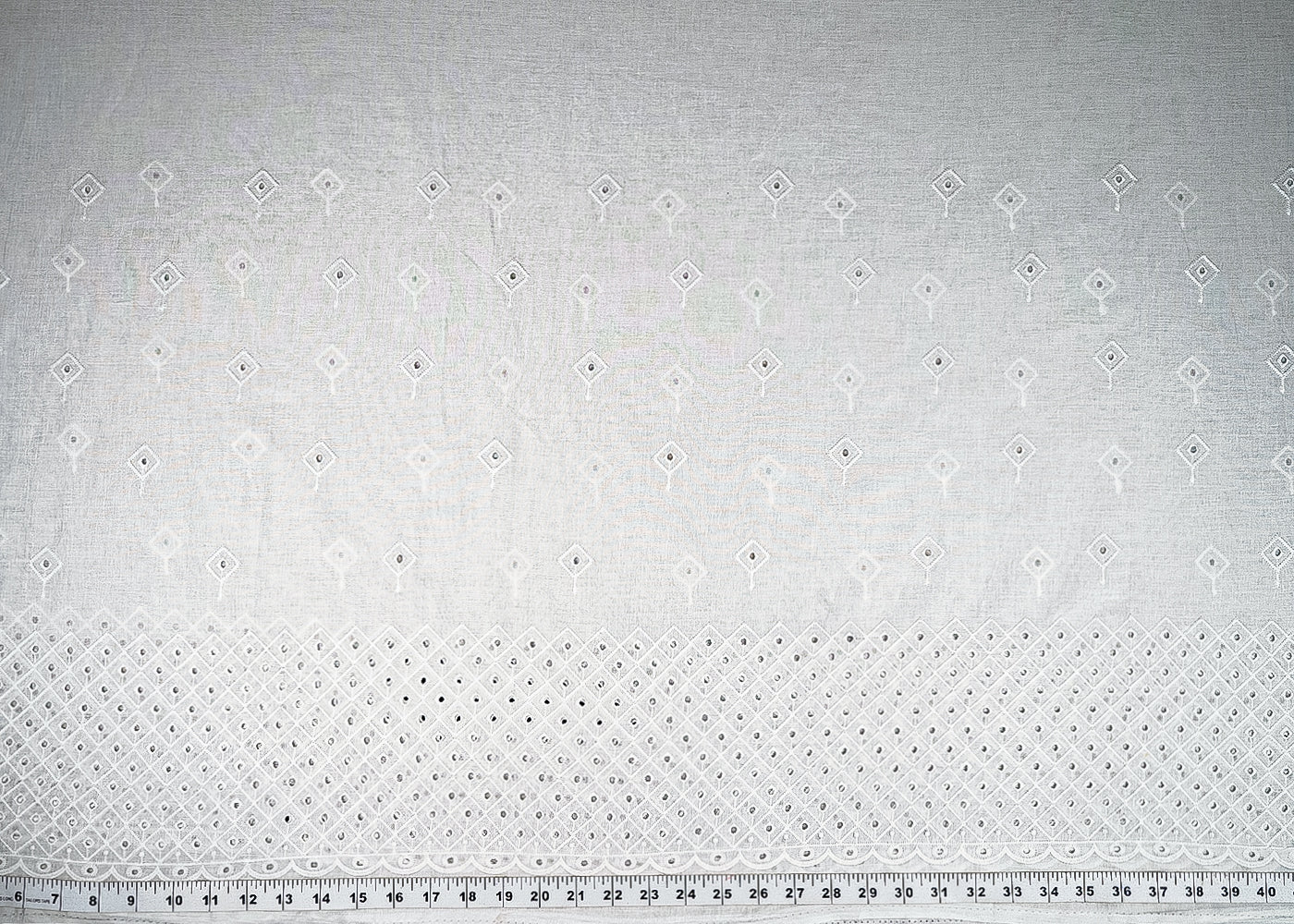 White Mul Cotton Fabric With All Over Thread And Cutwork With Border 23356
