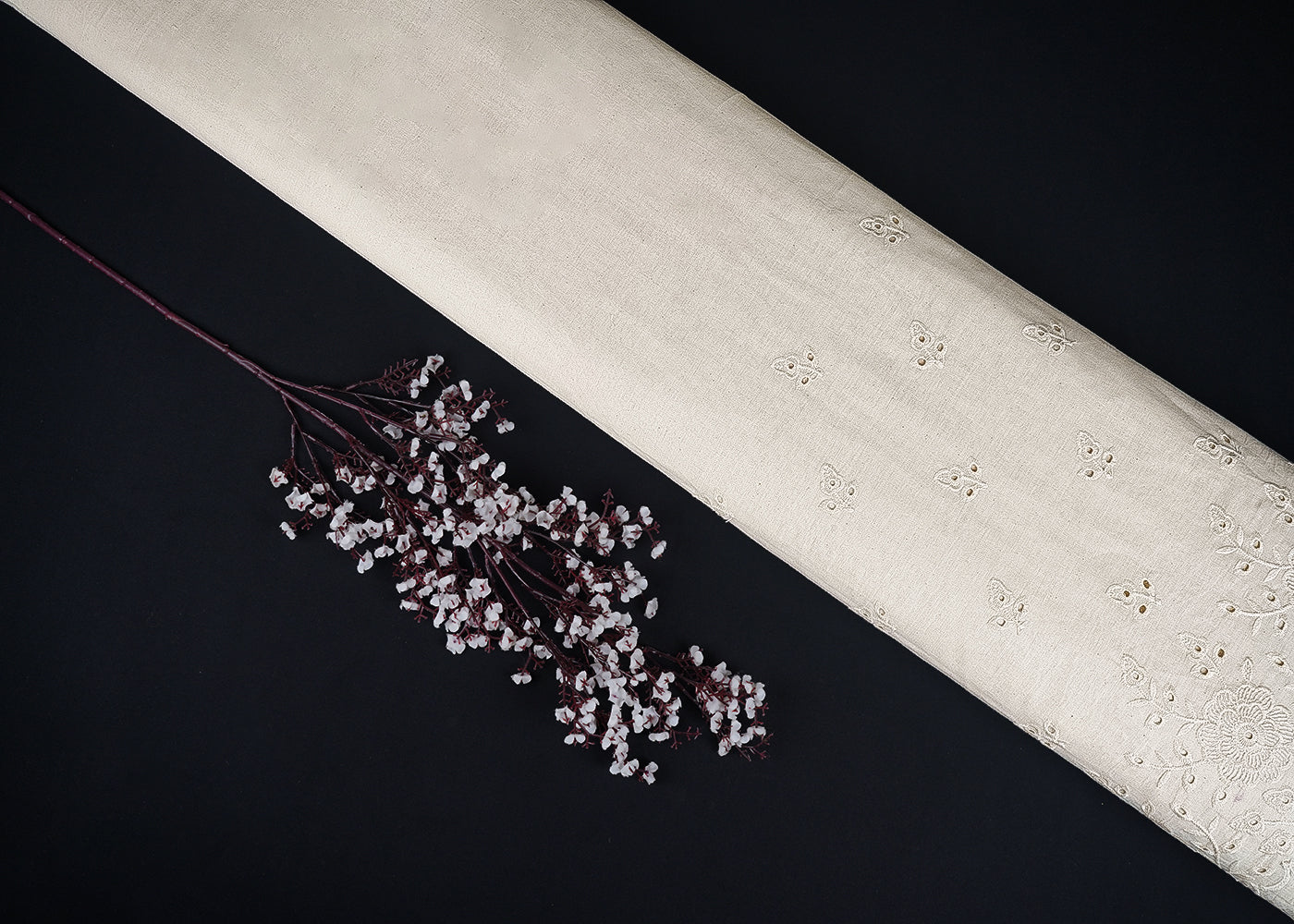 White Kora Cotton Fabric With All Over Thread And Cutwork With Border 23357