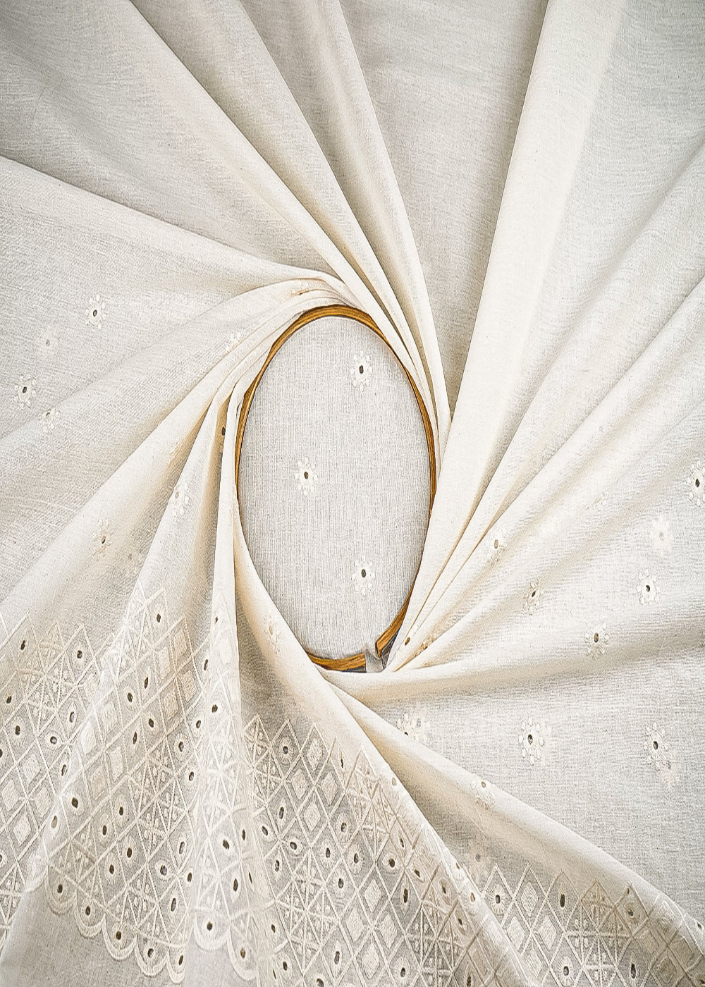 White Kora Cotton Fabric With All Over Thread And Cutwork With Border 23358