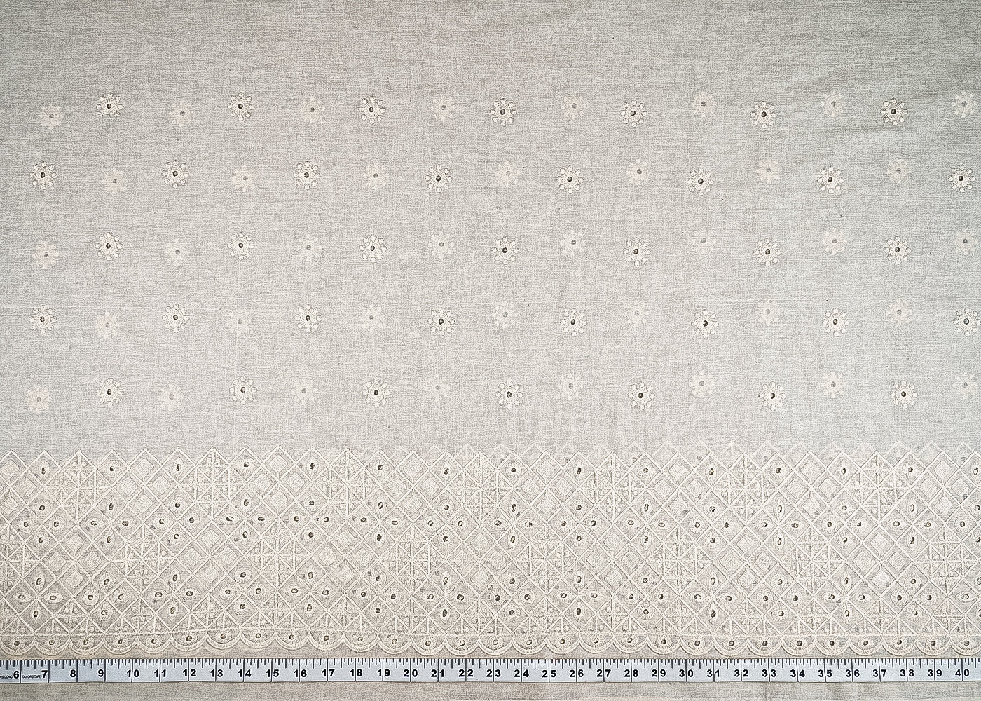 White Kora Cotton Fabric With All Over Thread And Cutwork With Border 23358