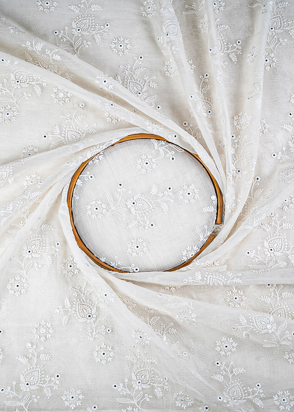White Chanderi Fabric With All Over Thread And Faux Mirror Work 23360
