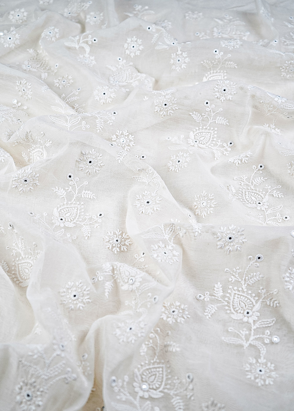 White Chanderi Fabric With All Over Thread And Faux Mirror Work 23360