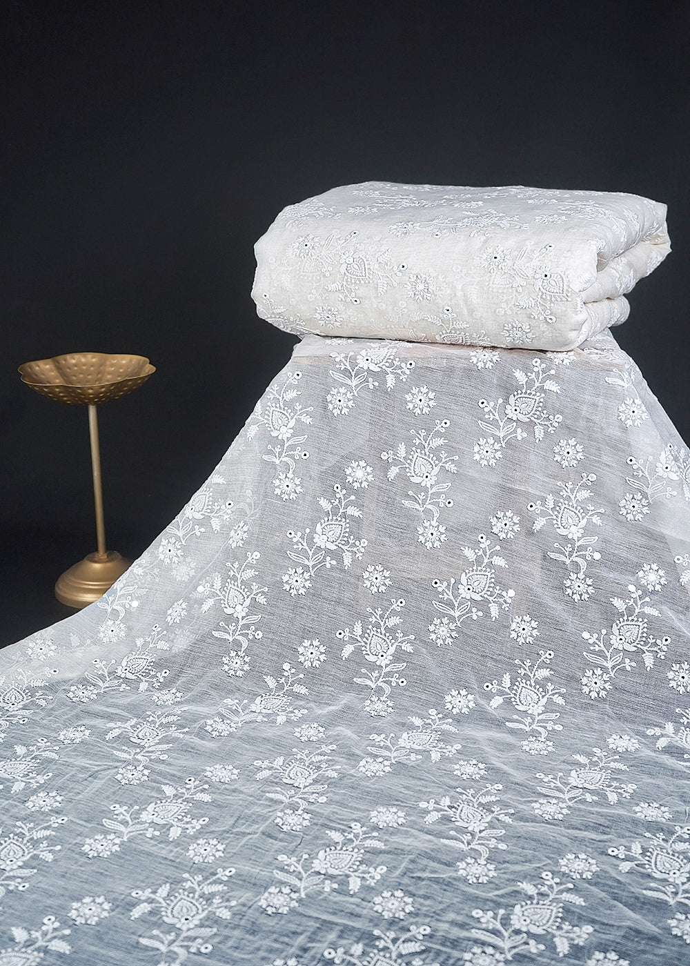 White Chanderi Fabric With All Over Thread And Faux Mirror Work 23360