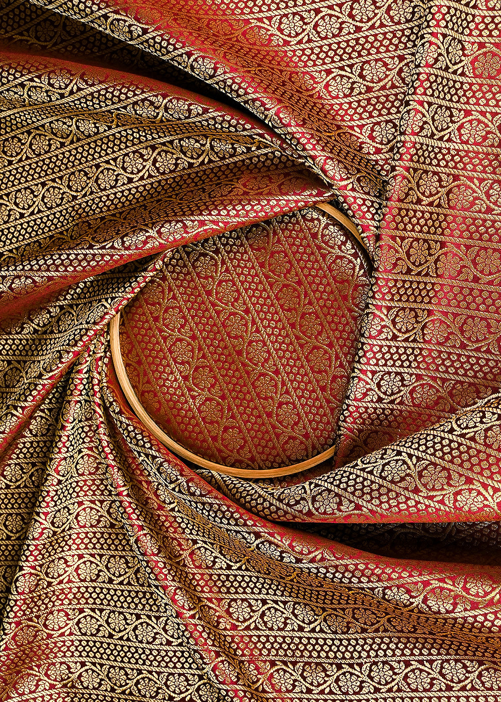 Wine Banarasi Brocade Fabric With All Over Golden Zari Handloom 23369