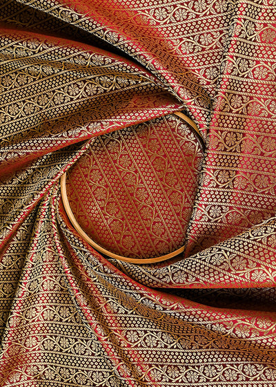 Wine Banarasi Brocade Fabric With All Over Golden Zari Handloom 23369