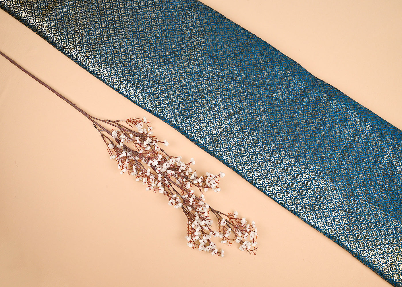 Teal Blue Banarasi Brocade Fabric With All Over Golden Zari Handloom 23371