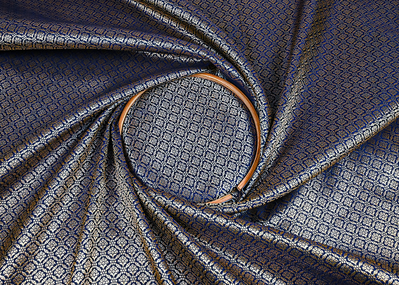 Dark Navy Blue Banarasi Brocade Fabric With All Over Golden Zari Handloom 23372
