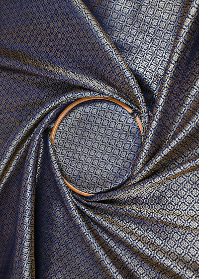 Dark Navy Blue Banarasi Brocade Fabric With All Over Golden Zari Handloom 23372