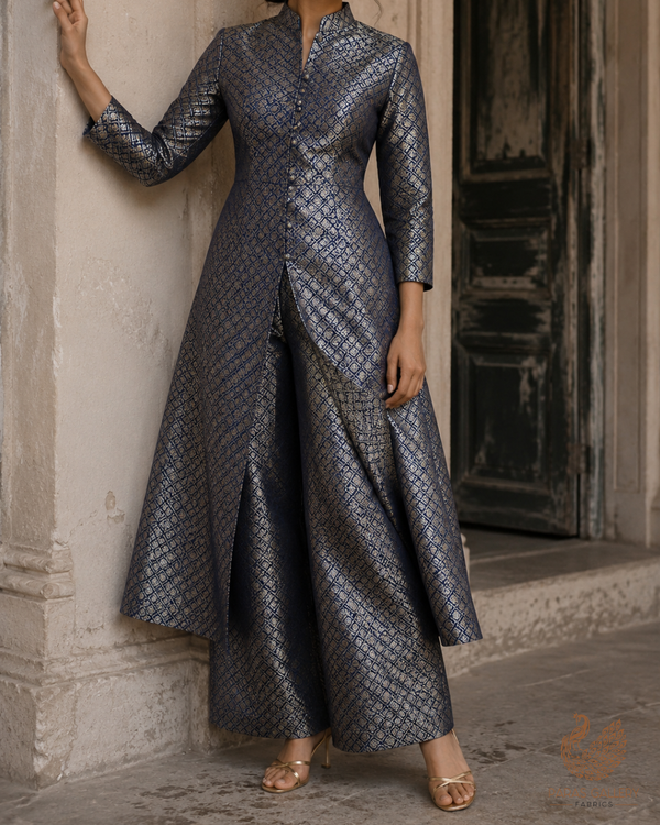Dark Navy Blue Banarasi Brocade Fabric With All Over Golden Zari Handloom 23372