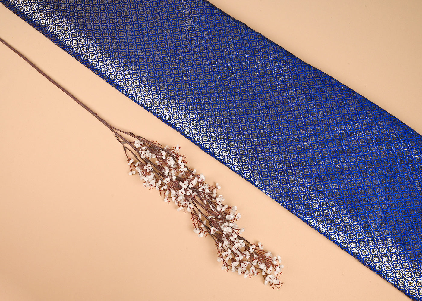 Royal Blue Banarasi Brocade Fabric With All Over Golden Zari Handloom 23373