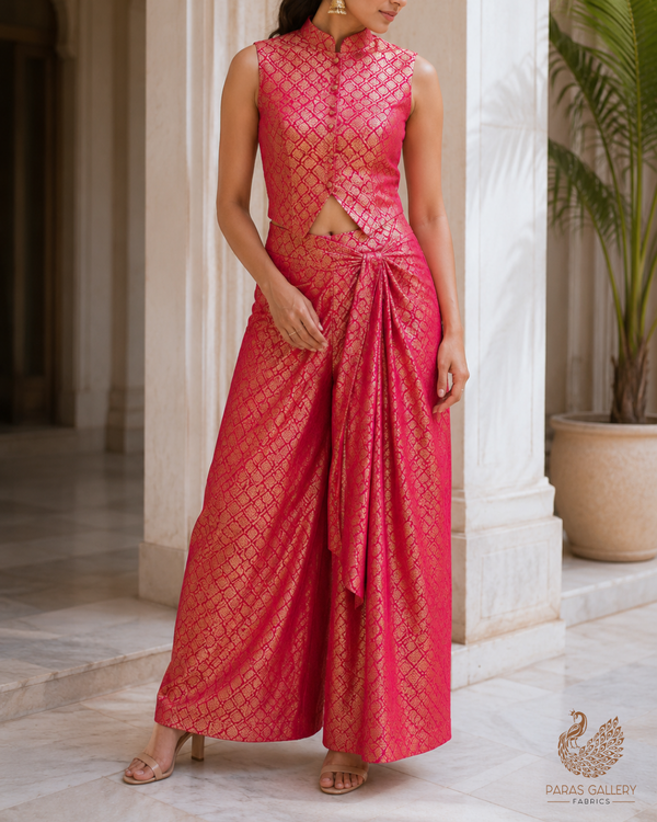 Rani Pink Banarasi Brocade Fabric With All Over Golden Zari Handloom 23374