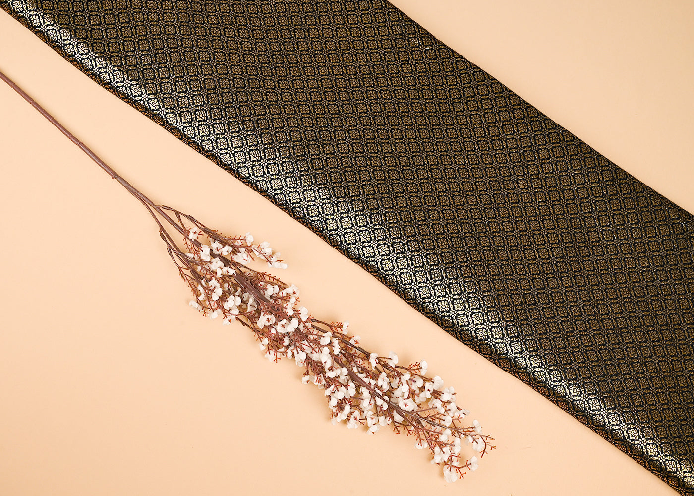 Black Banarasi Brocade Fabric With All Over Golden Zari Handloom 23375